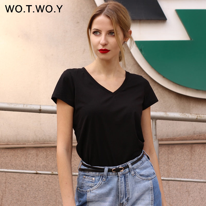 High Quality V-Neck 15 Candy Color Cotton Basic T-shirt Women Plain Simple T Shirt For Women Short Sleeve Female Tops 077