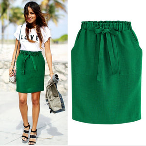 2019 New Spring Summer Elegant Midi Skirts Womens Office Pencil Skirt Cotton Elastic Waist Package Hip Skirt Bow Skirt Green