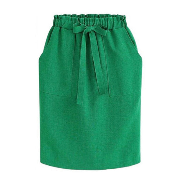 2019 New Spring Summer Elegant Midi Skirts Womens Office Pencil Skirt Cotton Elastic Waist Package Hip Skirt Bow Skirt Green