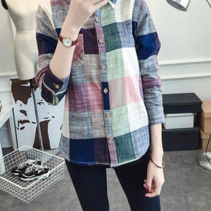 Ladies Casual Cotton Long Sleeve Plaid Shirt Women Slim Outerwear Blouse Tops Blusas Size