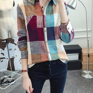 Ladies Casual Cotton Long Sleeve Plaid Shirt Women Slim Outerwear Blouse Tops Blusas Size