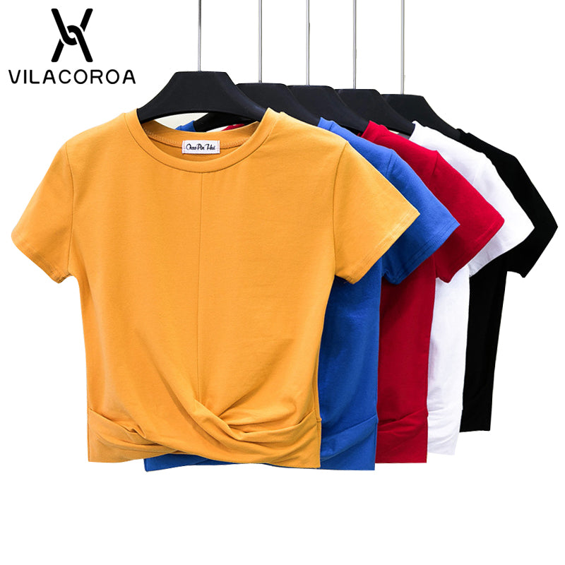 Women's Crop Top Summer Cross Shape T-Shirt Top Short Sleeve O-Neck Casual Solid T-Shirt Cotton High Waist Slim Camiseta Mujer